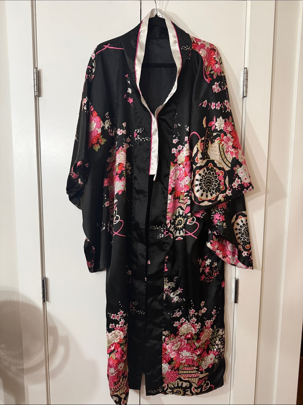 Black Satin Floral Kimono Jacket with Pink Accents